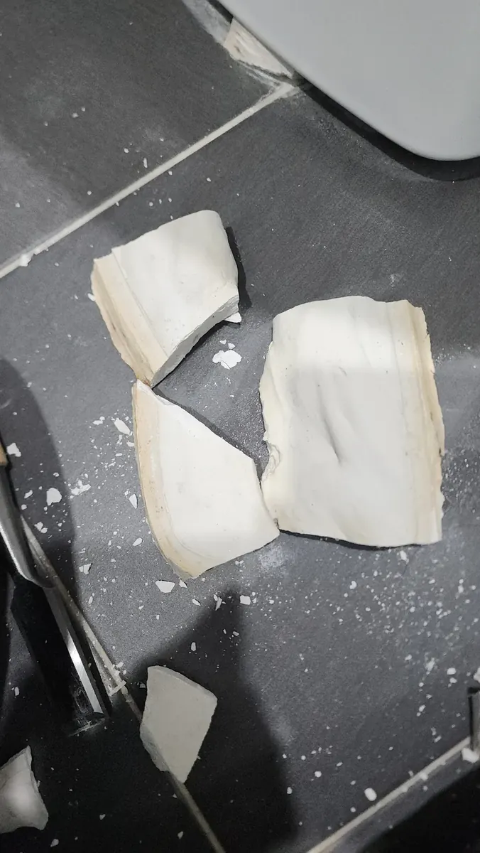 흔들리는 변기 보수 — 떼어 낸 큰 테두리 조각
